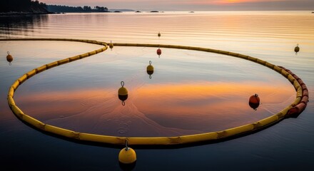 A calm sunset scene over the ocean featuring buoys and yellow barrier lines