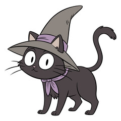 Cute cartoon black cat wearing a witch hat