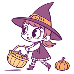 Little girl in witch costume carrying a basket of pumpkins isolated on white