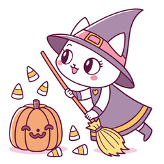 Cute cat witch with pumpkin and candy corn