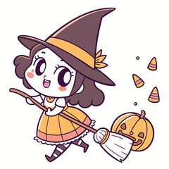 Cute witch girl with pumpkin and candy corn