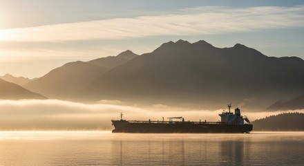 A large cargo ship sailing on the sea near the mountains in early morning