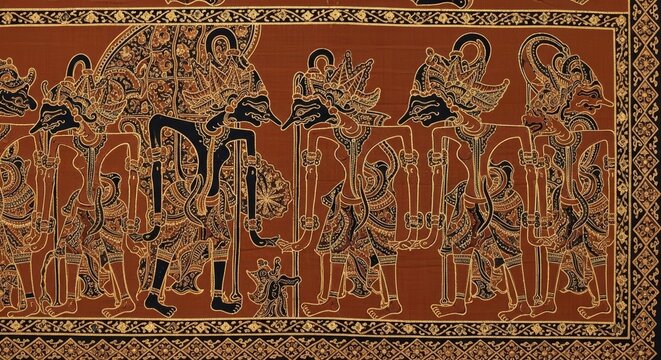 Traditional Indonesian Wayang Kulit Figures on Brown Batik Fabric