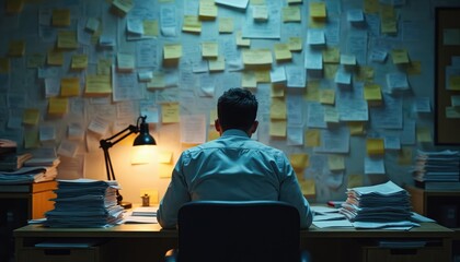 An employee sits at a desk facing a wall covered with notes. The worker seems overwhelmed by tasks and papers. The office looks messy with documents and a dim desk lamp.