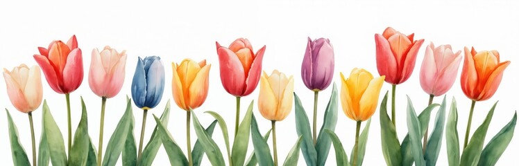 Watercolor painting of tulips in various colors, pink, orange, yellow, purple, and blue. Fresh spring flowers with green leaves against a clean white background. Floral art for cards.