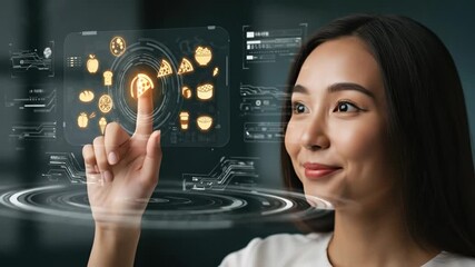 Young asian woman touching virtual screen with food icons, choosing pizza with innovative augmented reality technology, video footage - Powered by Adobe