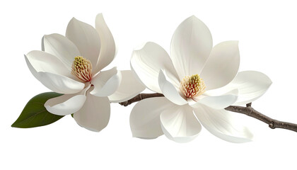 Fototapeta premium Two white magnolia blooms on branch, one leaf. Clear details