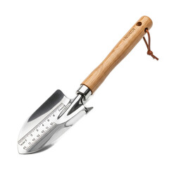 Obraz premium Close-up of a shiny, stainless steel and wood garden trowel. It has a wooden handle, leather loop, and a measurement scale on the scoop