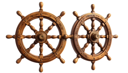 Two connected wooden ship's wheels sit center on black ground