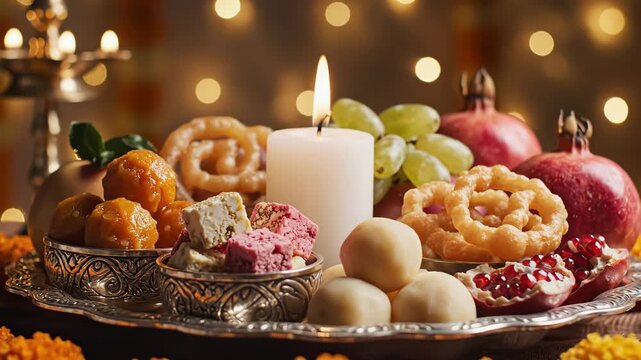 Festive indian sweets and fruits with a candle on a silver tray, creating a warm and inviting diwali or celebration scene guru nanak jayanti