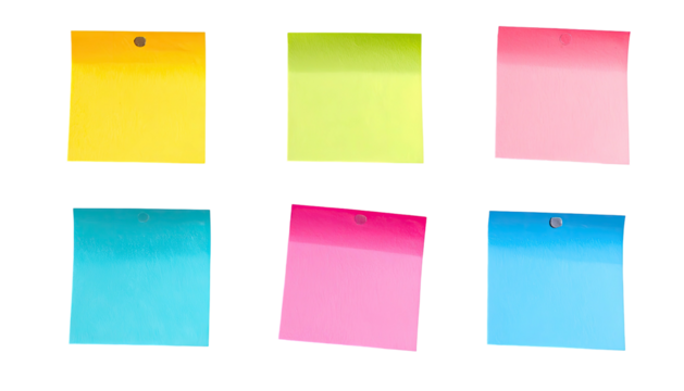 Six colorful sticky notes pinned on black background, close-up view