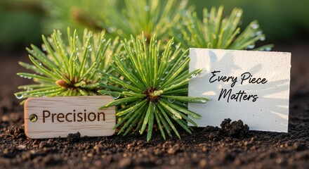 Close up image of pine needles and text on wooden blocks