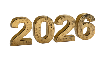 Golden 2026 new year number grungy design written isolated on white or transparent background