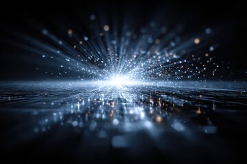 Bright light beams explode from a digital circuit board background. Use for science, tech, data, computing, or artificial intelligence.