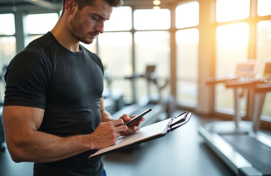 Young male fitness trainer works inside modern gym setting. He uses smartphone and clipboard to review client data, plan exercise routines, or manage info. Man focused on his pro job in health club.