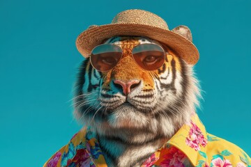 Fototapeta premium Majestic tiger dressed in vibrant tropical attire and sunglasses poses confidently against a clear blue sky