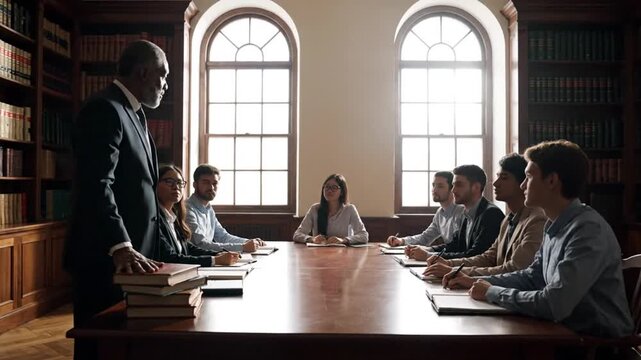 An older man in a suit stands before a table of seated students in a library
