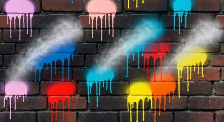 Brick wall with colorful paint drips  spray creating an abstract street art display