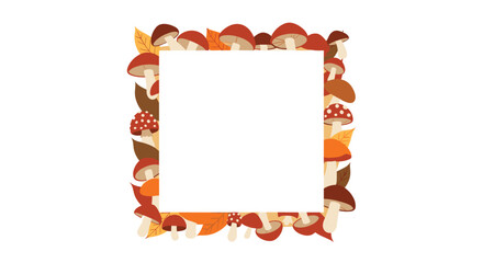 Obraz premium Autumn themed square frame with various cartoon mushrooms and colorful fall leaves on a white background, offering an empty space for text.