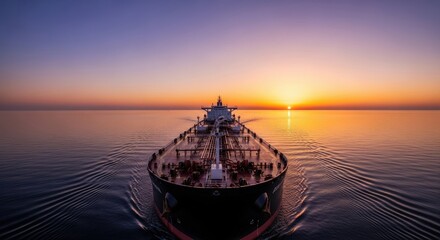 Large cargo tanker ship sailing on the ocean during sunset