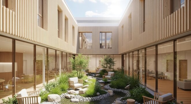 Modern Building with Serene Courtyard and Wooden Slatted Facade