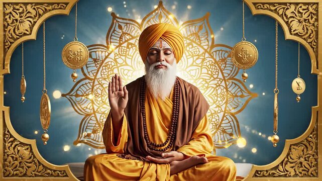Serene guru nanak dev ji in meditative pose, surrounded by divine symbols and a radiant aura of spiritual enlightenment and wisdom guru nanak jayanti