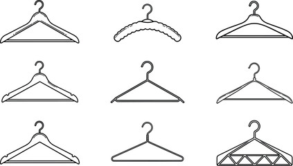Clothes hanger, wire frame, padded hanger, plastic hook, silhouette icon, wardrobe tool, vector sketch, black outline, CAD style, flat illustration