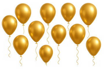 Golden balloons floating, celebrating happiness, success, and prosperity on transparent background