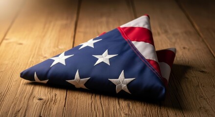 Folded American Flag on Rustic Wooden Table, Symbol of Patriotism and Remembrance