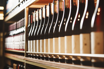Bottles of still wine on the shelf, close-up image of alcoholic beverages in the wine cellar.