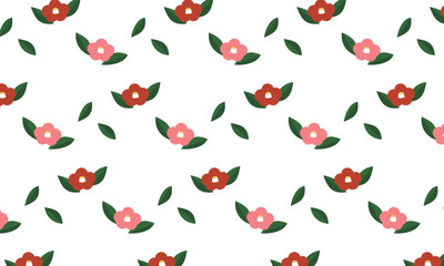 赤とピンクの椿の花が咲き葉っぱが散る花模様