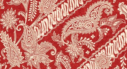 Red Fabric with Intricate Cream Paisley and Floral Batik Pattern