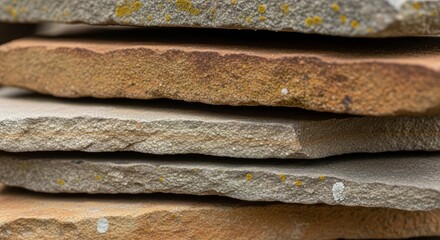 Detailed View of Rustic Stacked Sandstone Slabs with Lichen Growth