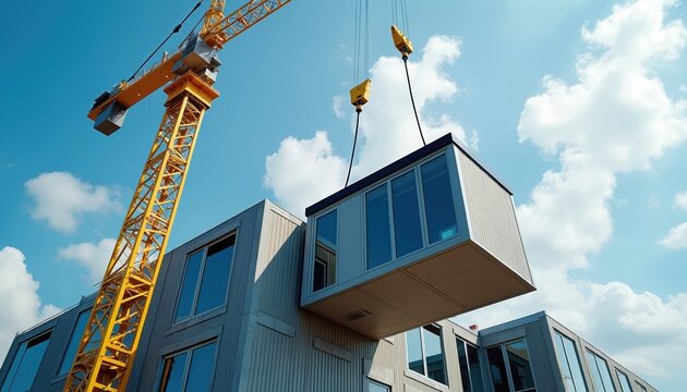 Yellow crane lifts prefab module onto modern building. Modular construction process builds new structure with windows. Future architecture assembly on site.
