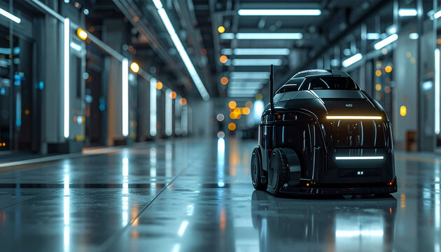 Sleek black AI drone monitoring high-tech industrial facility floor