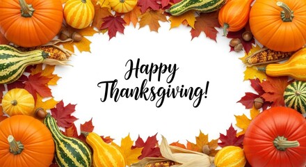 Autumnal Frame with Pumpkins, Gourds, Leaves, and happy Thanksgiving Text