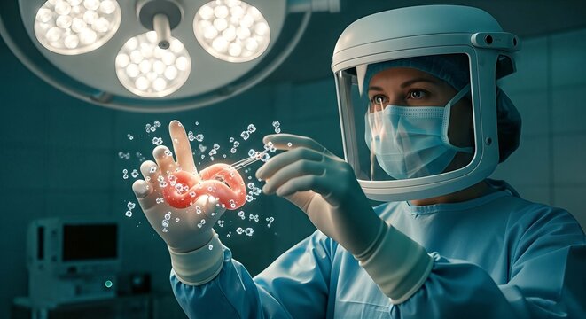 Surgeon in futuristic operating room examining 3D holographic organ projection.