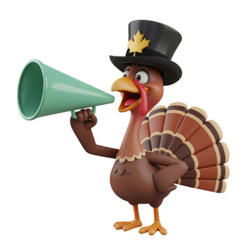 Thanksgiving turkey talking through a green megaphone for placement next to text usage, 3d cartoon isolated