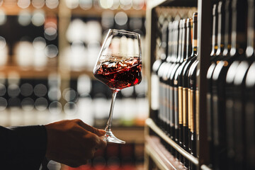 Close-Up View of Person Swirling Red Wine in Cellar Atmosphere