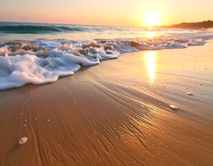Gentle waves meet a sandy shore bathed in the golden glow of sunset