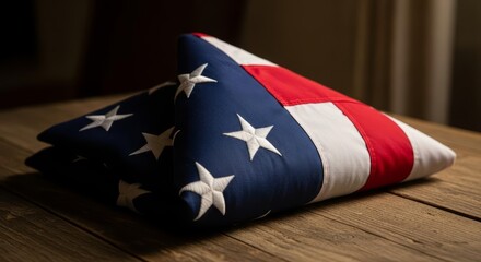 Closely Captured American Flag Neatly Folded on a Rustic Wood Surface