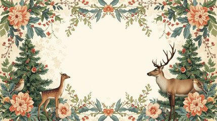 Festive Woodland Rectangular Frame with Holly and Deer, Christmas Card Template Vector