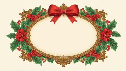 Christmas Oval Frame with Holly and Bow, Elegant Vector for Personalized Holiday Greetings