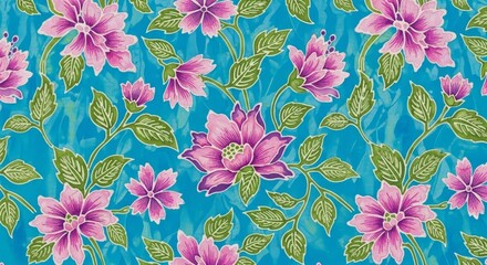 Vibrant Floral Pattern with Pink and Purple Flowers on a Blue Background