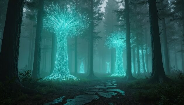 Futuristic forest with glowing circuitry trees. Digital forest landscape with neon lit trees. Sci-fi environment with foggy, mystical atmosphere. Pathway through forest with dark, tall trees. Trees