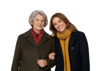 Elegant mother and daughter wearing scarves, smiling and enjoying the autumn season weather together