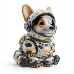 A cute corgi dog wearing a detailed futuristic astronaut suit sitting on a white background