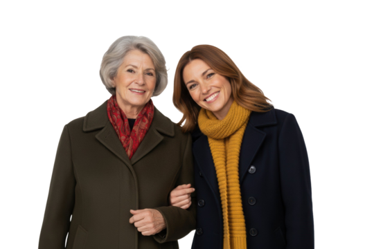 Elegant mother and daughter wearing scarves, smiling and enjoying the autumn season weather together