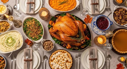 Bountiful Thanksgiving Table Set with Roasted Turkey and Side Dishes