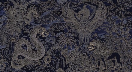 Intricate Digital Art Featuring Mythical Creatures and Tropical Jungle Flora